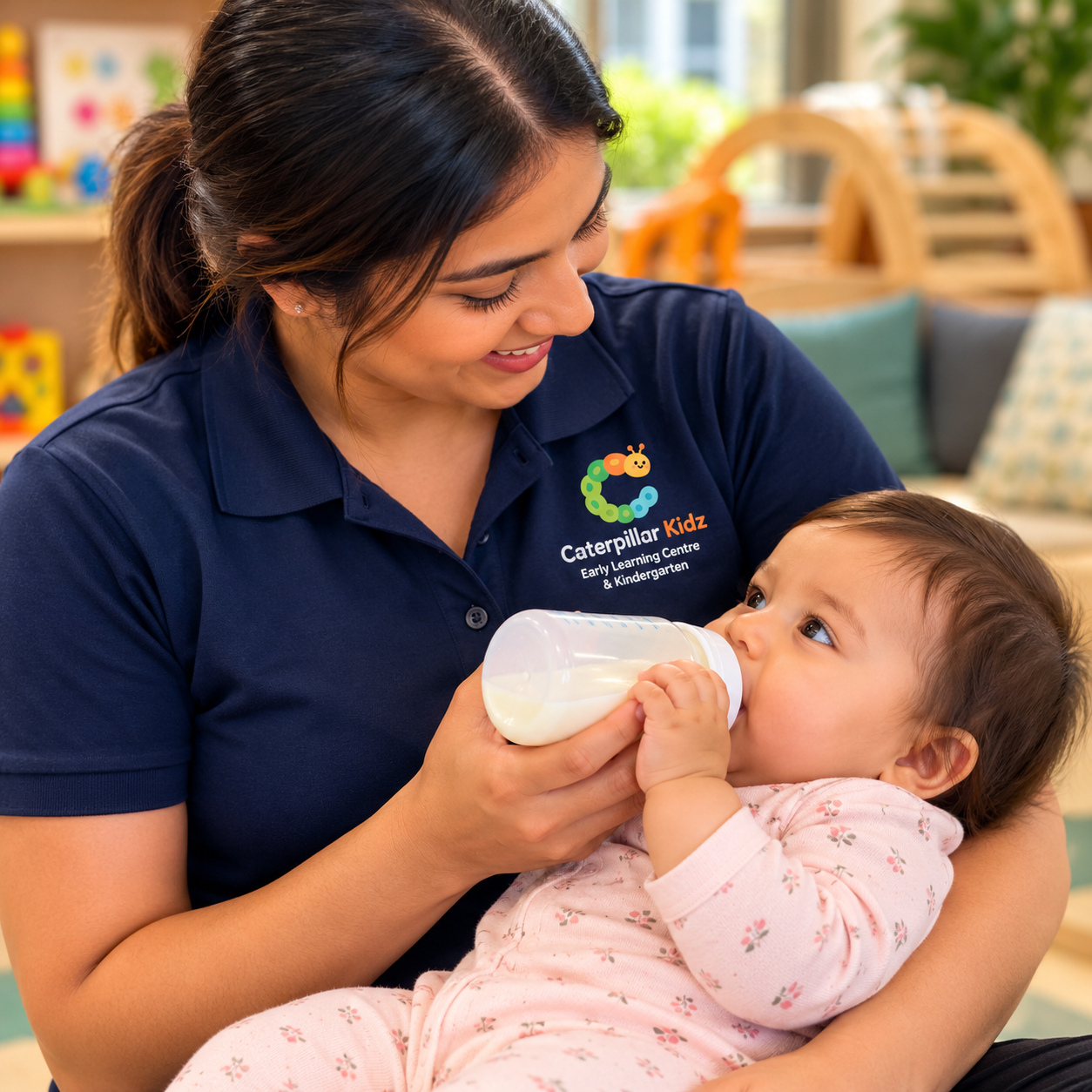 Caterpillar Kidz educator gently bottle-feeding a baby in a nurturing early learning environment