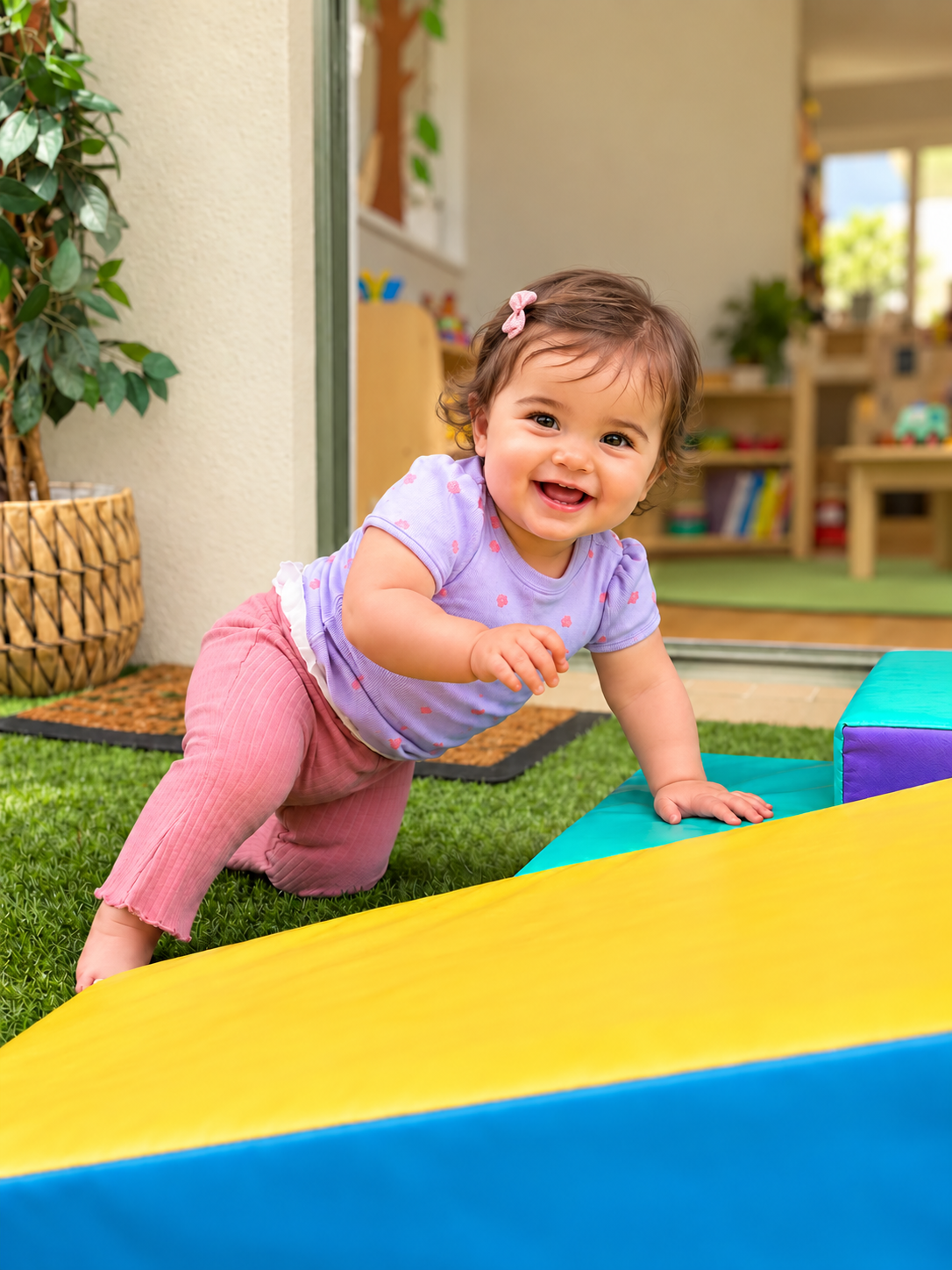 Smiling baby exploring colourful soft play equipment at an early learning centre